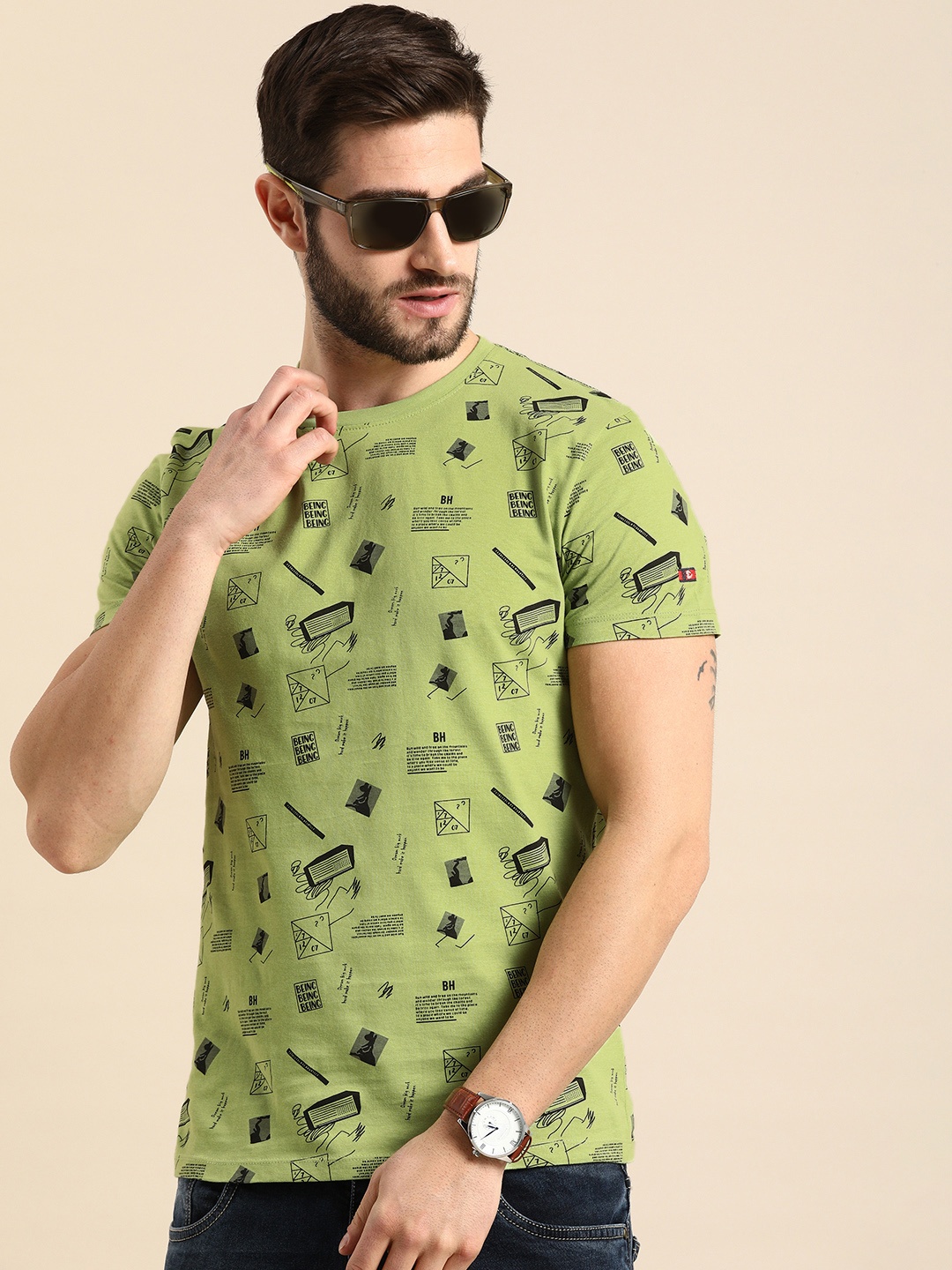 

Being Human Men Light Olive Green & Black Printed Pure Cotton T-shirt