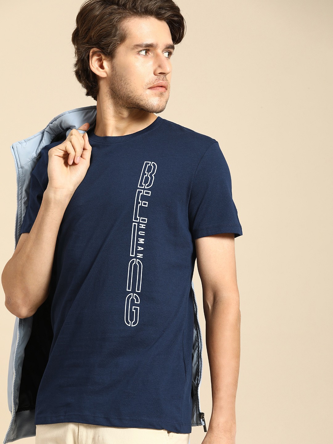 

Being Human Men Navy Blue & Off White Typography Printed Slim Fit Pure Cotton T-shirt