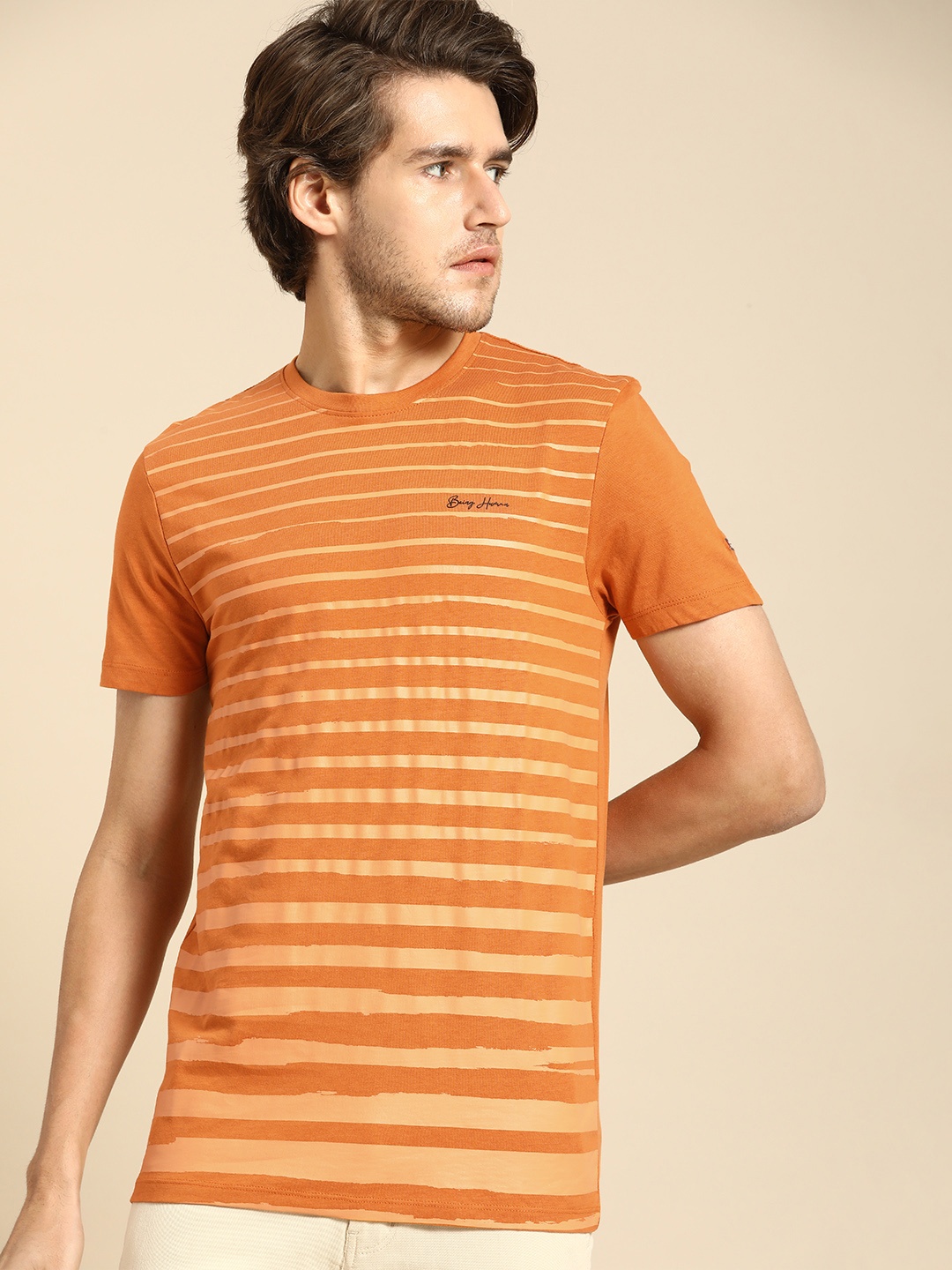 

Being Human Men Brown Striped Pure Cotton T-shirt