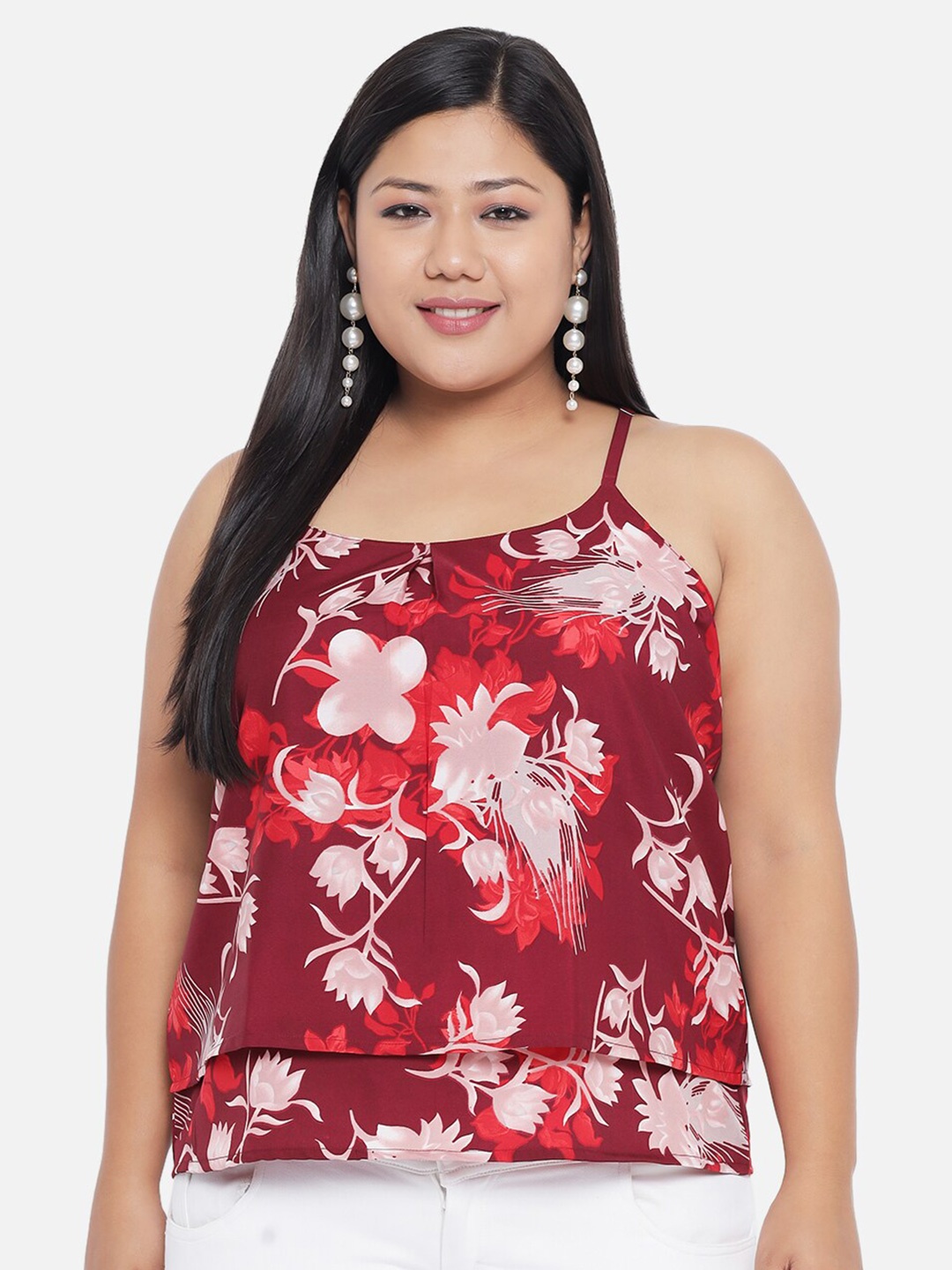 

Indietoga Plus Size Red & White Floral Layered Crepe Top