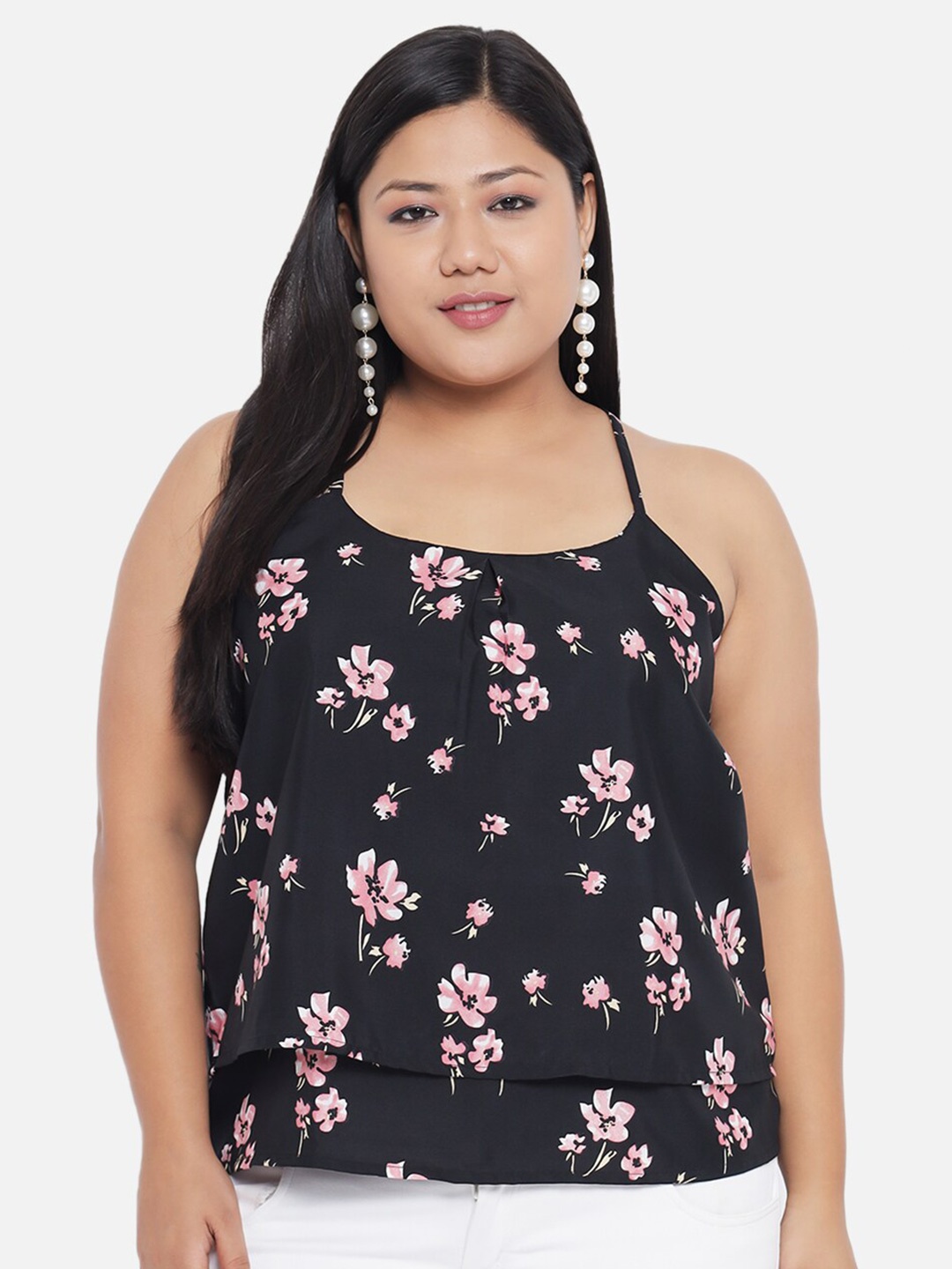 

Indietoga Plus Size Black Floral Crepe Layered Top