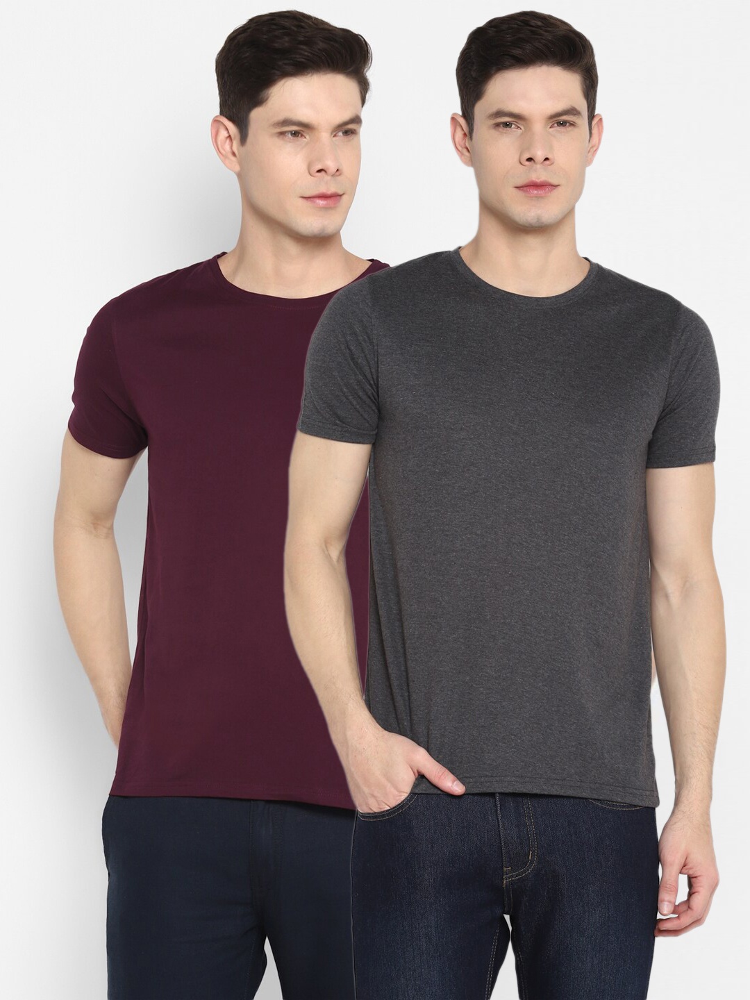 

appulse Men Grey & Burgundy Set Of 2 T-shirt, Multi