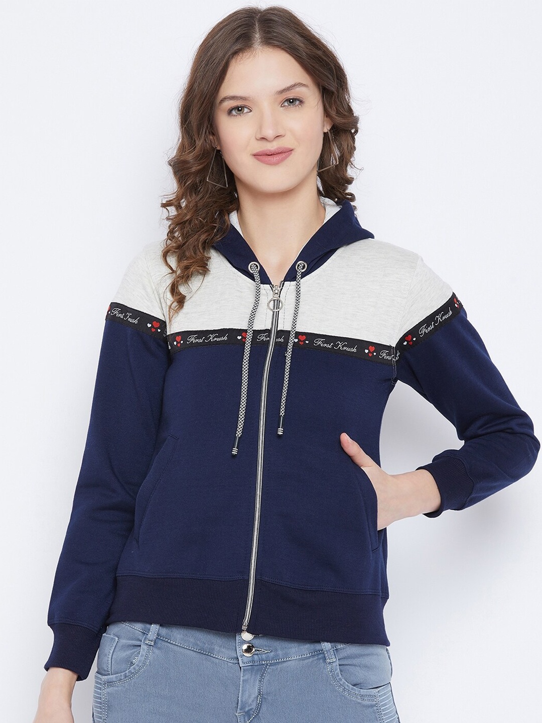 

FirstKrush Women Navy Blue & Grey Colourblocked Hooded Sweatshirt
