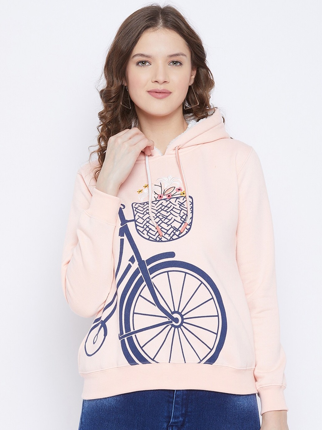 

FirstKrush Women Peach-Coloured & Blue Printed Hooded Sweatshirt