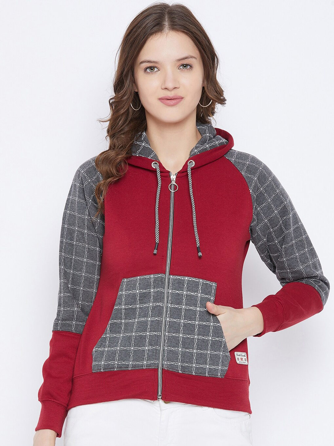

FirstKrush Women Maroon Checked Hooded Sweatshirt
