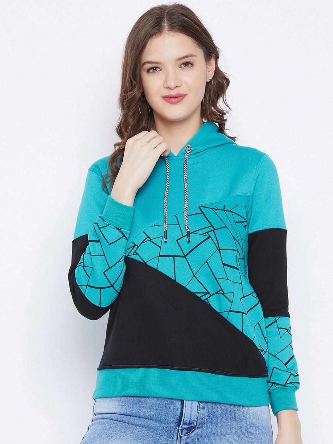 

FirstKrush Women Blue Printed Hooded Sweatshirt