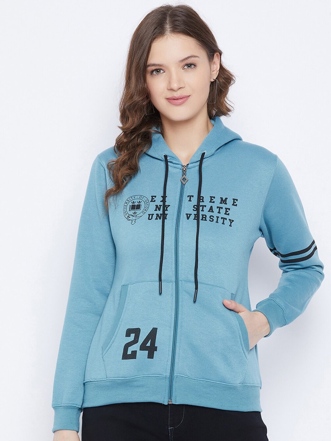 

FirstKrush Women Teal Blue & Black Printed Hooded Sweatshirt