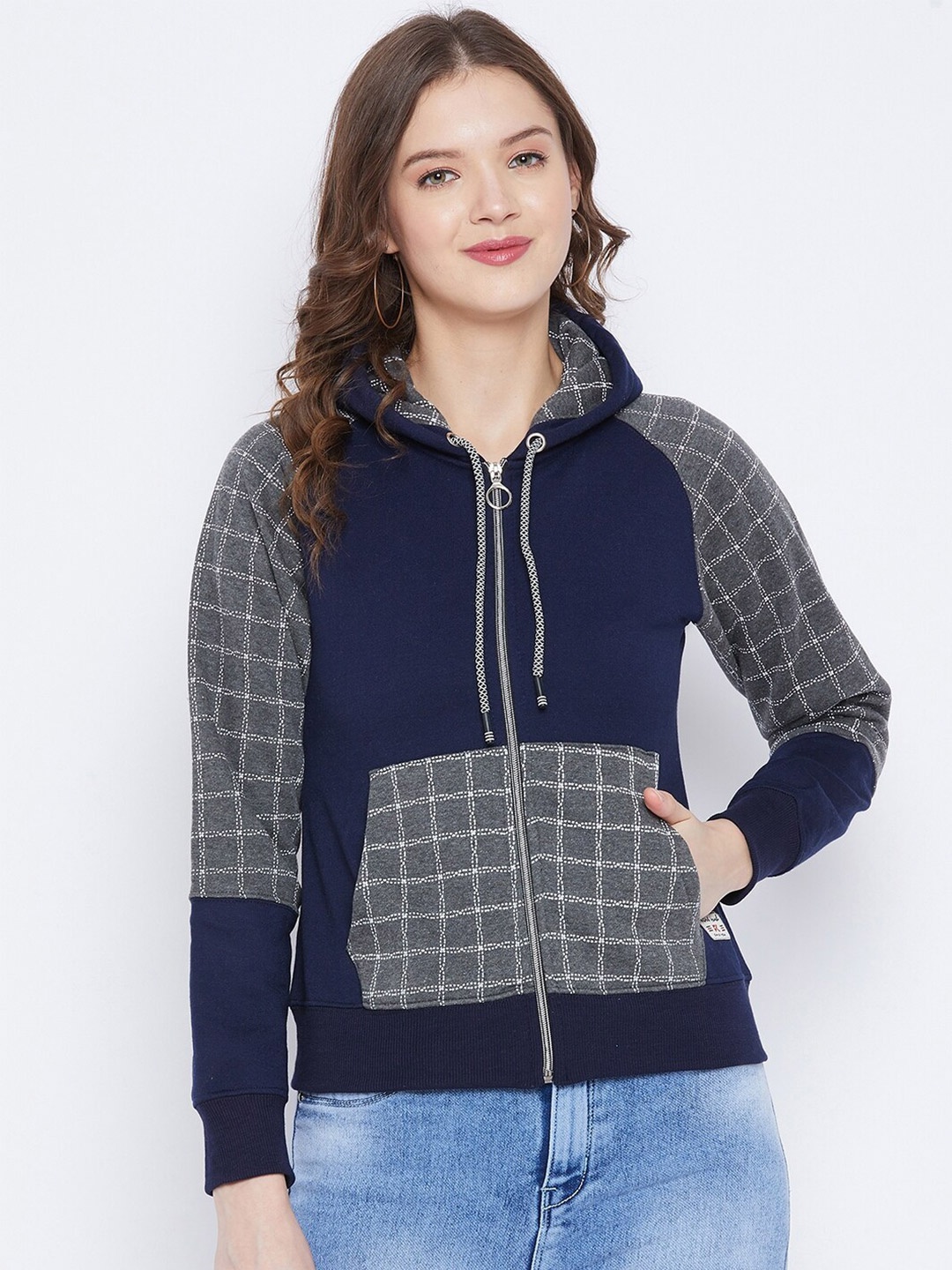 

FirstKrush Women Navy Blue Checked Hooded Sweatshirt