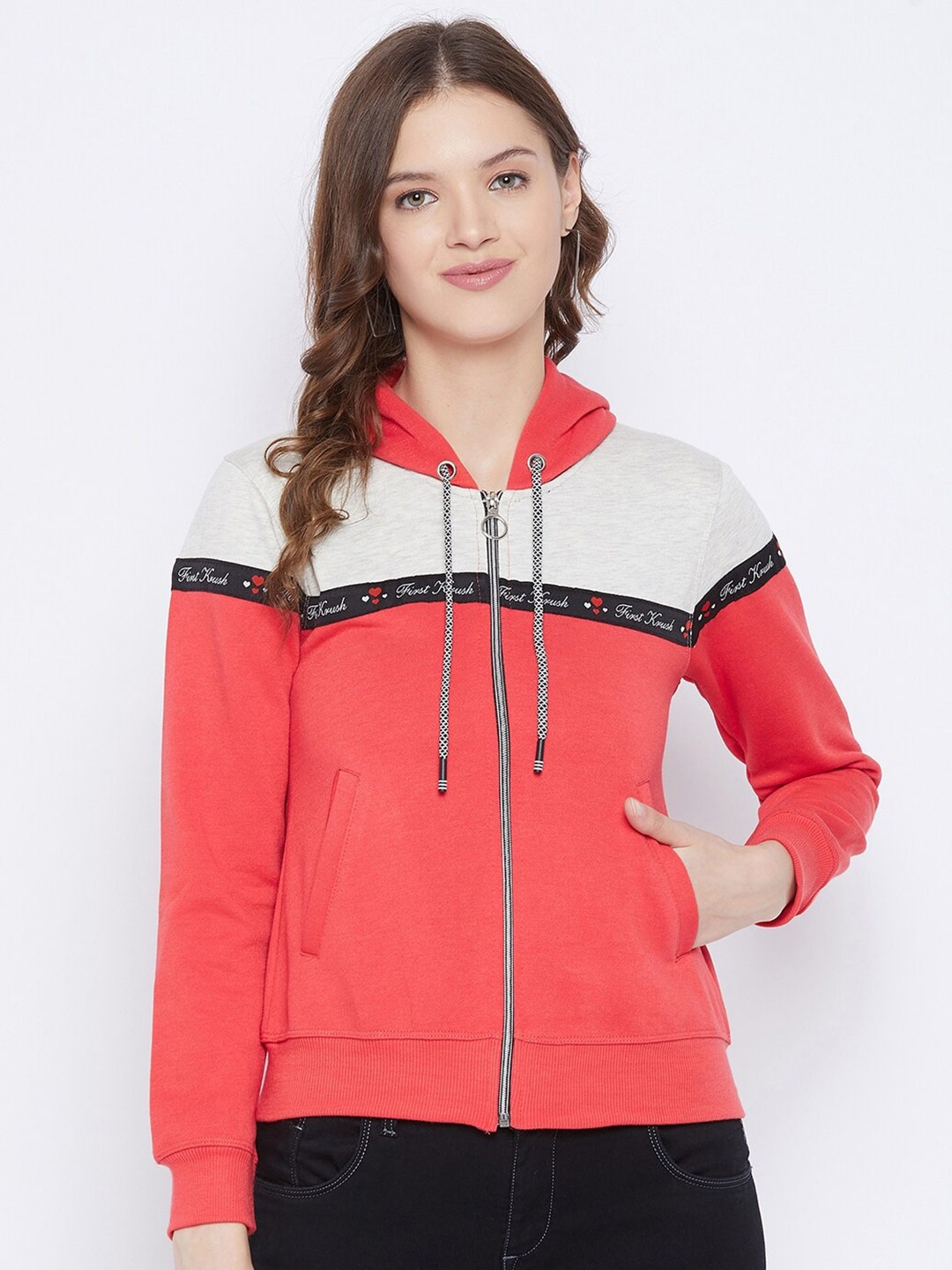 

FirstKrush Women Peach-Coloured Colourblocked Hooded Sweatshirt
