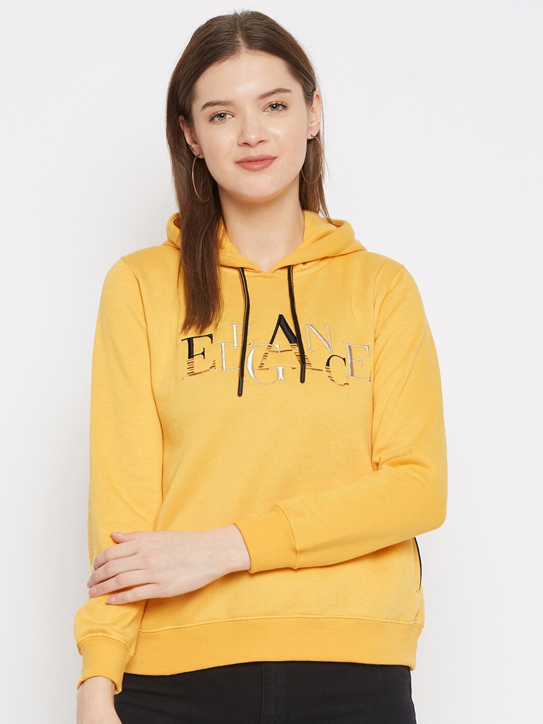 

FirstKrush Women Mustard Yellow Printed Hooded Sweatshirt