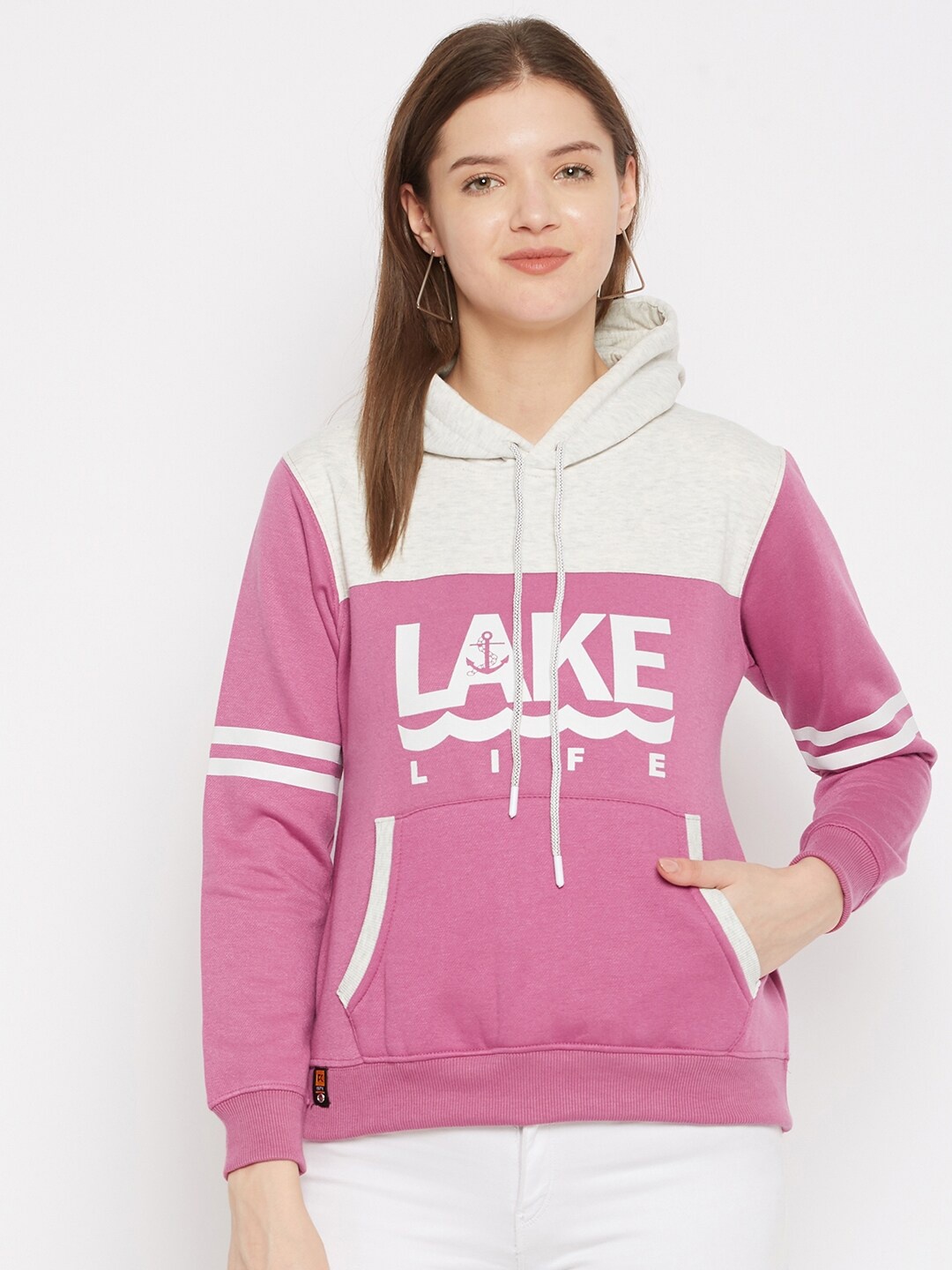 

FirstKrush Women Pink & White Printed Hooded Sweatshirt