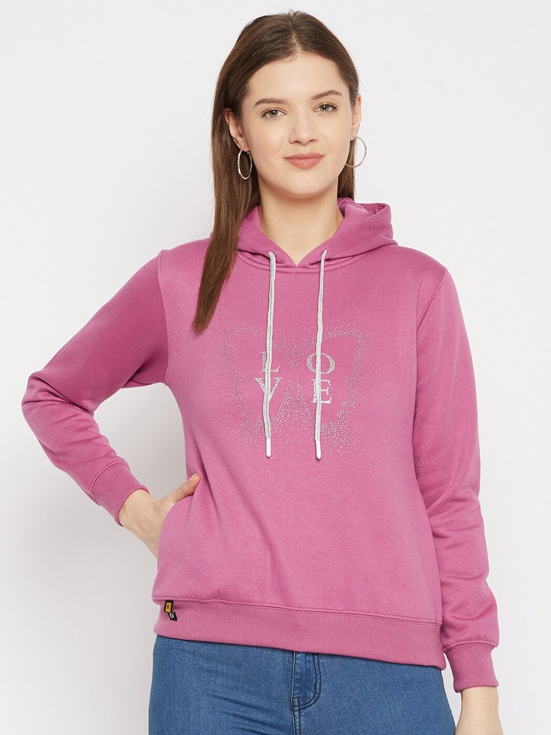 

FirstKrush Women Pink & Silver-Toned Printed Hooded Sweatshirt