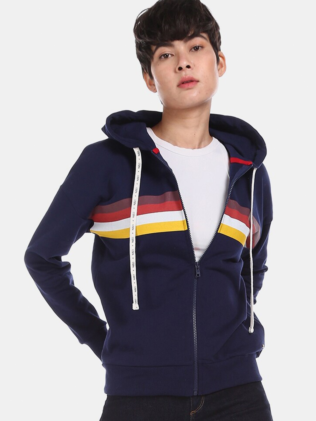 

U.S. Polo Assn. Women Navy Blue & Yellow Striped Pure Cotton Sweatshirt