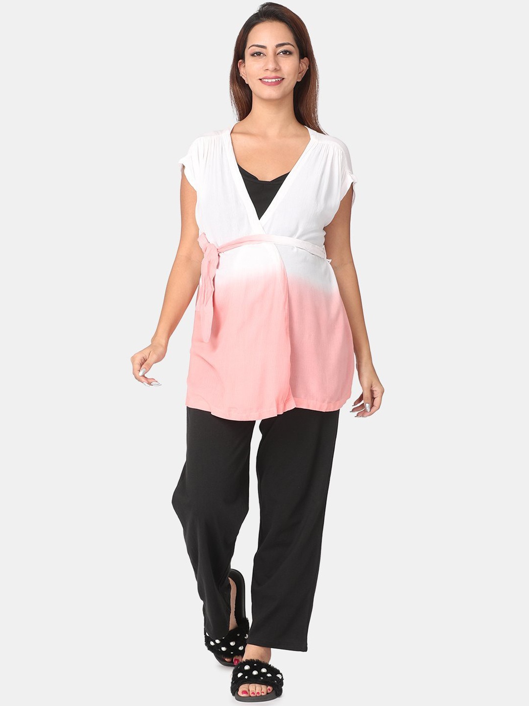 

The Mom Store Women Black & White Maternity and Nursing Night suit with Robe