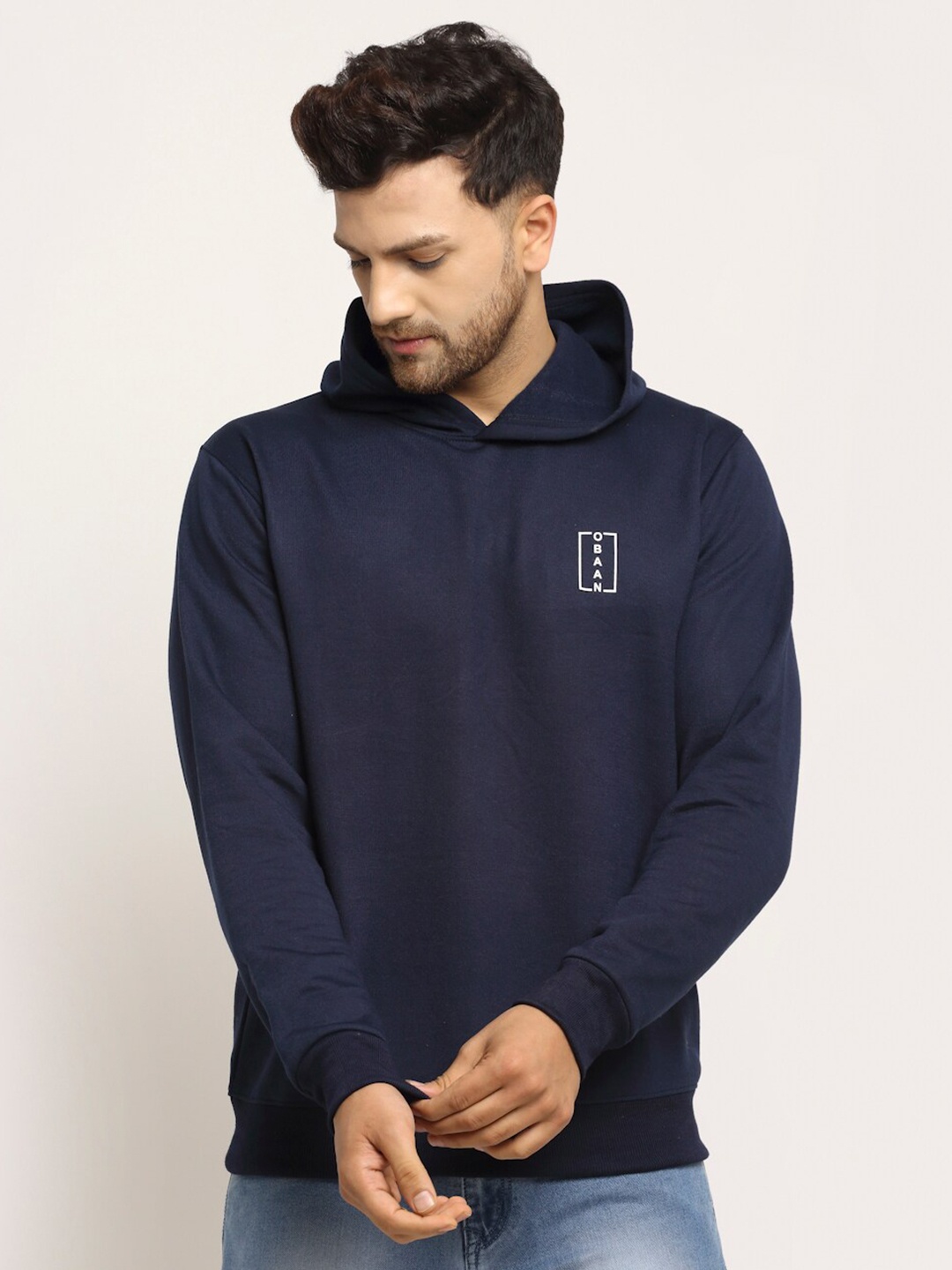 

Obaan Men Navy Blue Hooded Sweatshirt