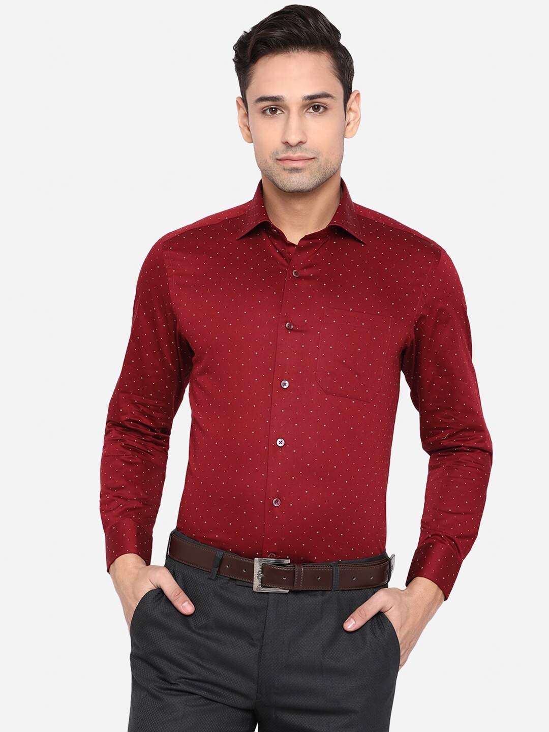 

METAL Men Maroon & White Slim Fit Opaque Printed Pure Cotton Formal Shirt