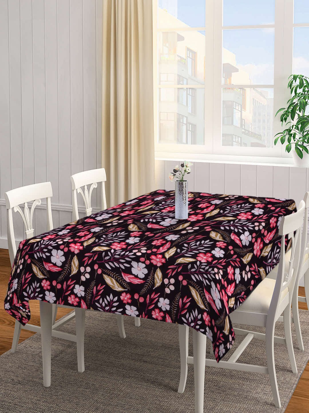 

Arrabi Black & Pink Floral Printed Rectangular 6-Seater Table Cover