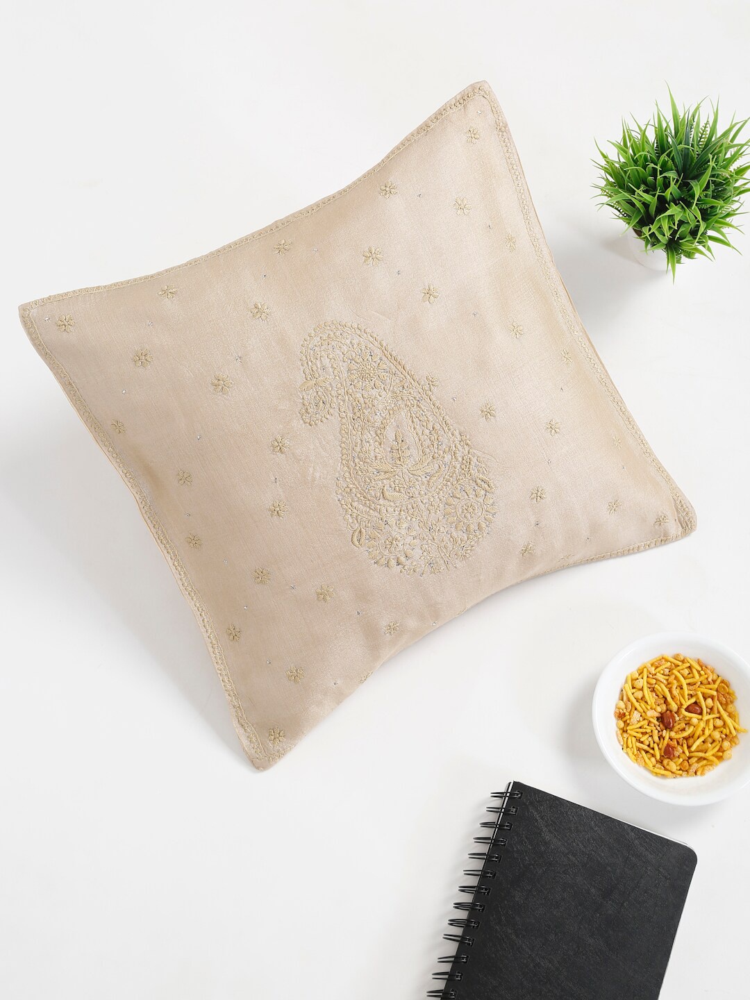 

Fabindia Beige Chikankari Embroidered Tussar Silk Square Cushion Covers