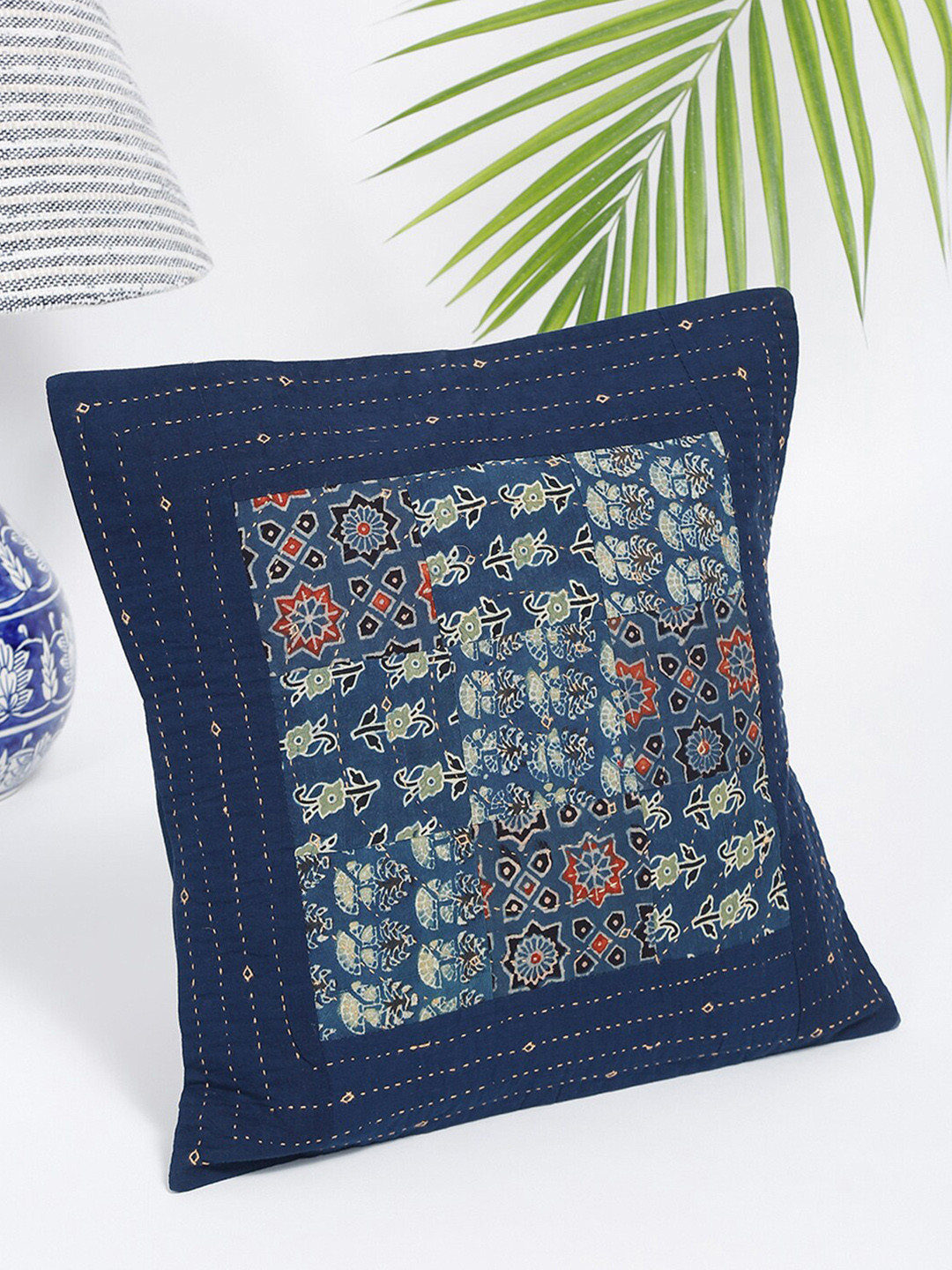 

Fabindia Navy Blue & Red Gudri Embroidered Cotton Square Cushion Covers