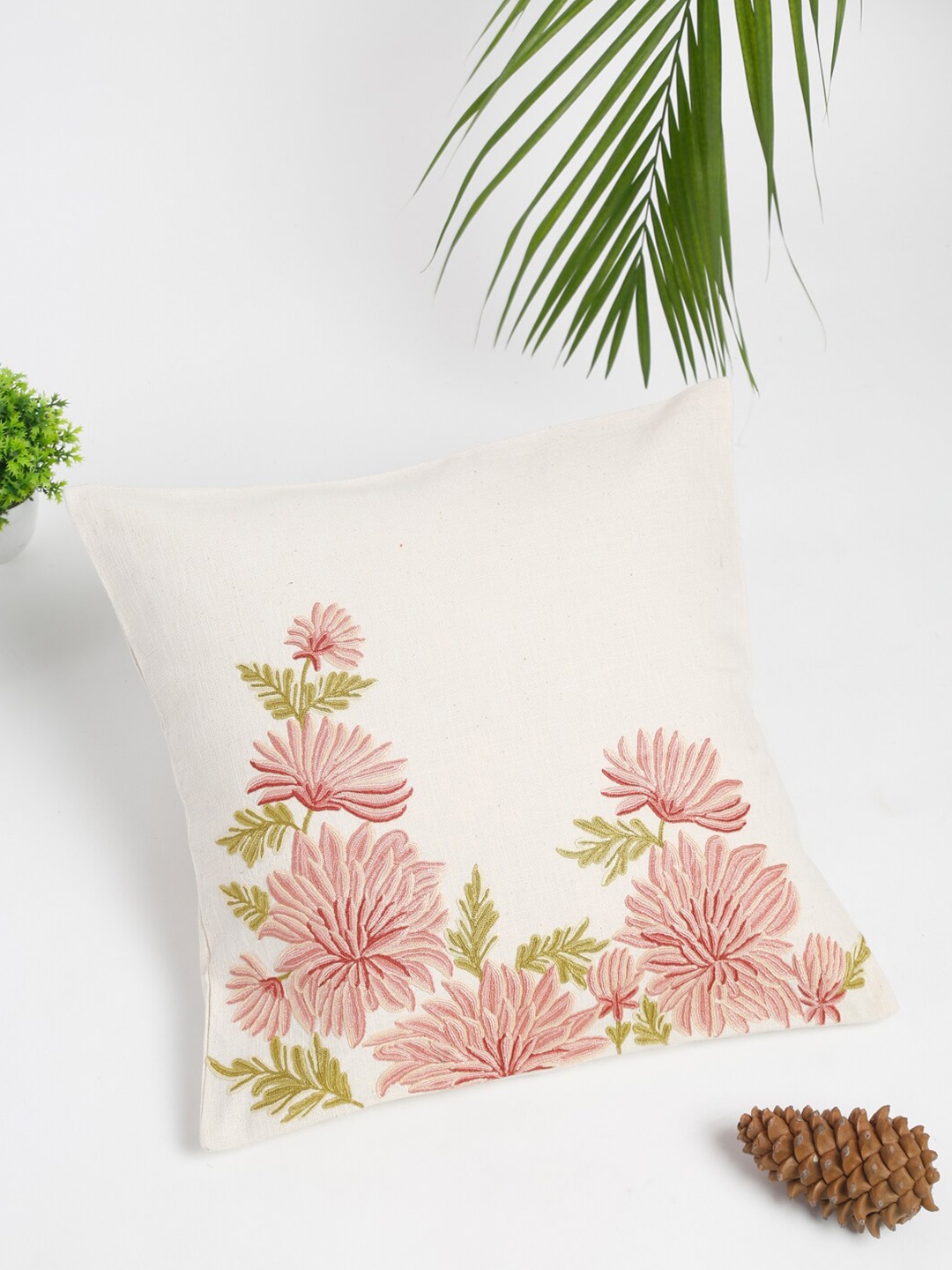 

Fabindia Off White & Pink Floral Square Cotton Cushion Cover