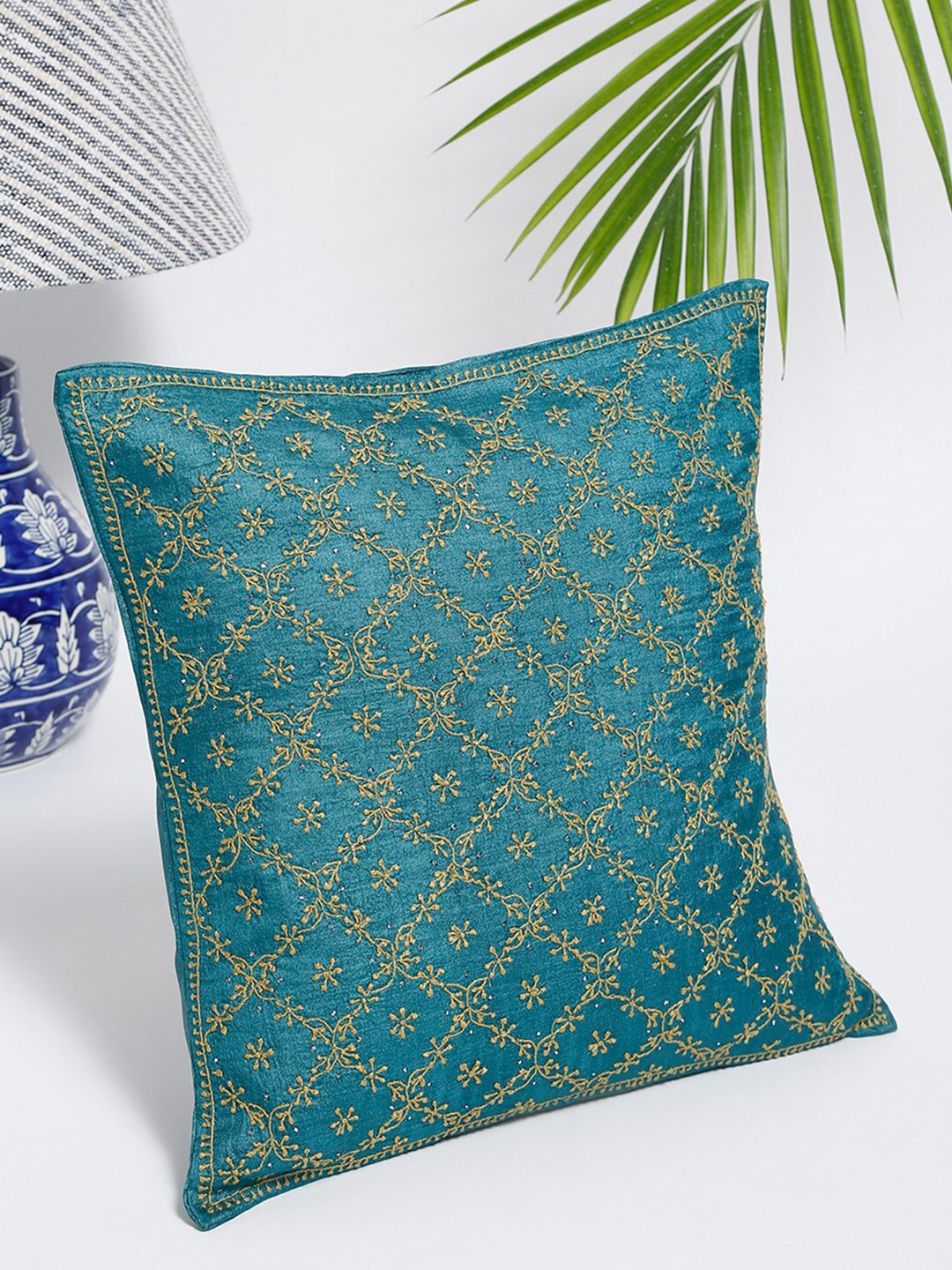 

Fabindia Teal Blue & Beige Chikankari Embroidered Square Cushion Covers