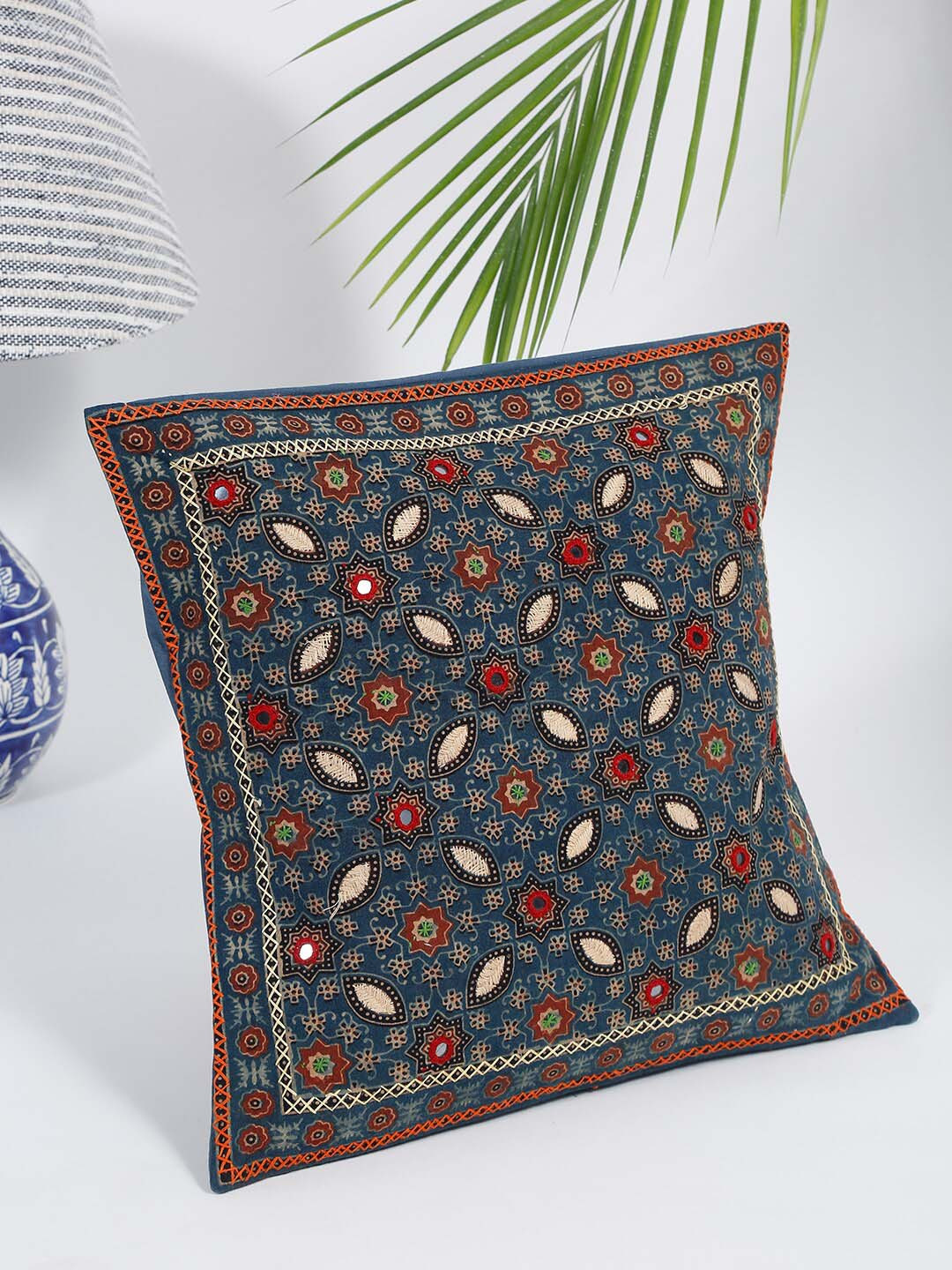 

Fabindia Navy Blue & Brown Embroidered Square Cushion Covers