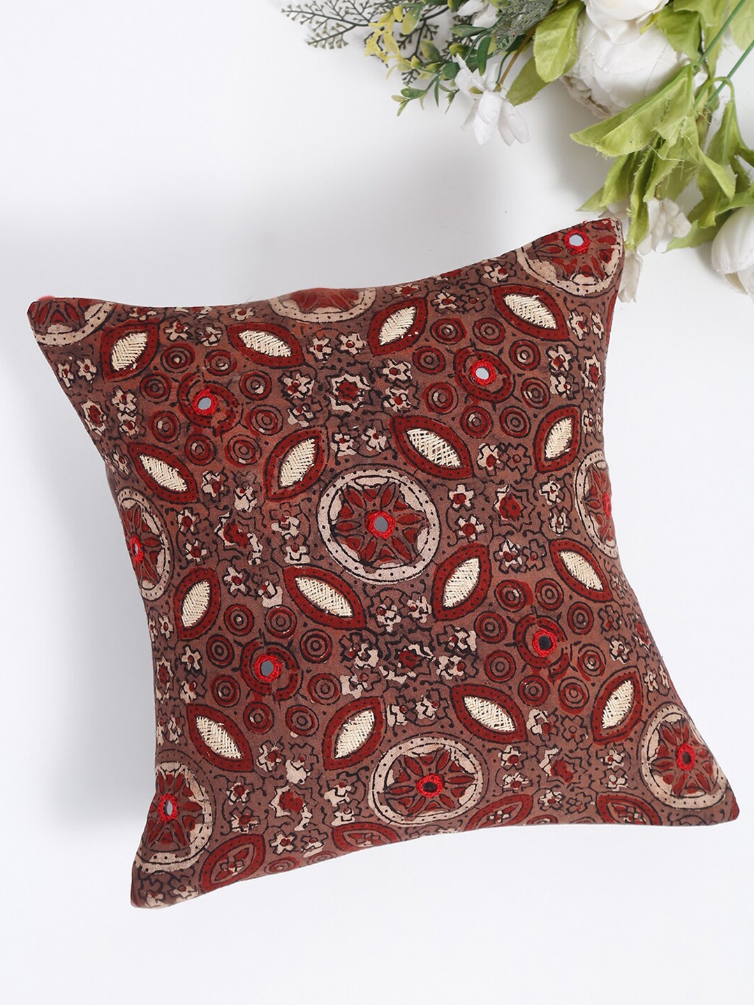 

Fabindia Brown & Red Dabu Embroidered Cotton Square Cushion Covers