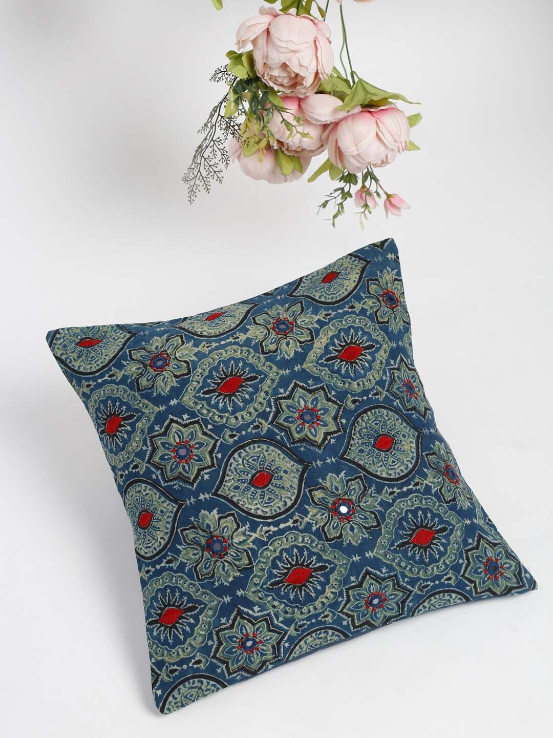 

Fabindia Navy Blue & Red Ethnic Motifs Square Cushion Cover