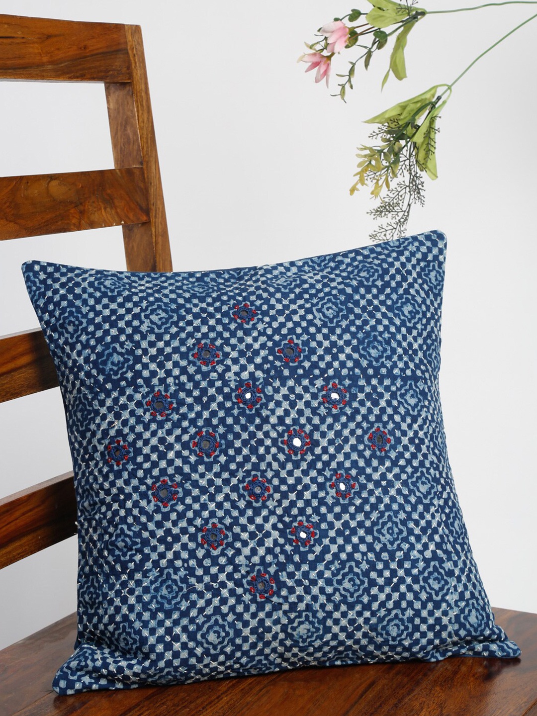 

Fabindia Navy Blue & Grey Embroidered Cotton Square Cushion Cover