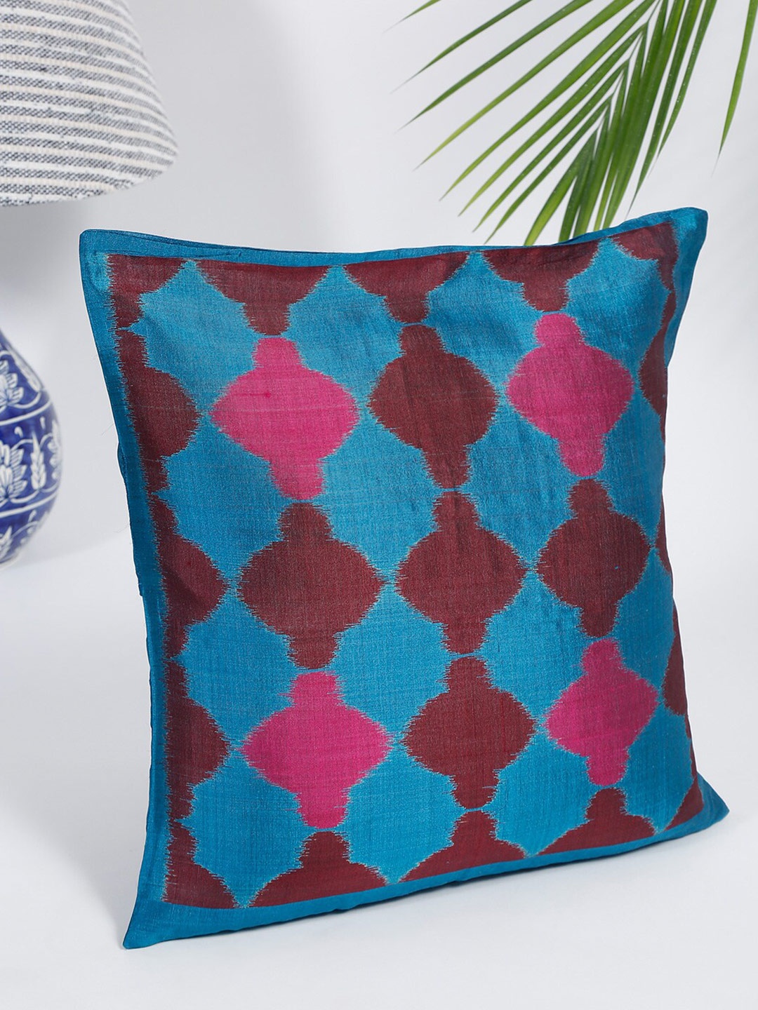 

Fabindia Blue & Fuchsia Ikat Woven Silk Square Cushion Covers