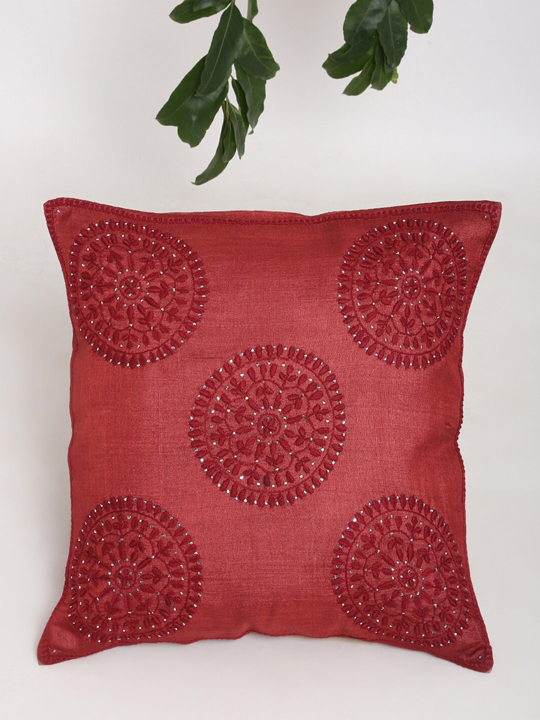 

Fabindia Maroon Chikankari Embroidered Square Tussar Silk Cushion Cover