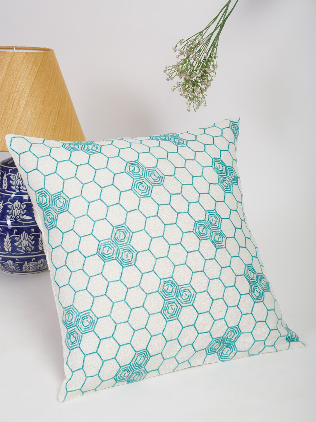 

Fabindia Off White & Blue Geometric Square Cushion Covers