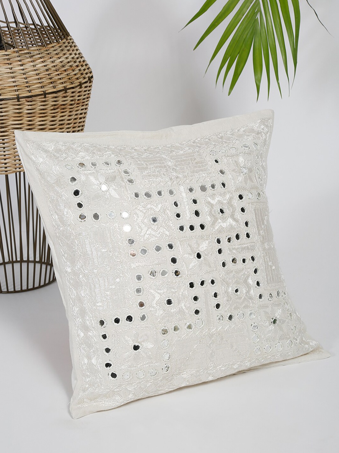 

Fabindia Off White & Silver-Toned Embellished Square Cushion Covers