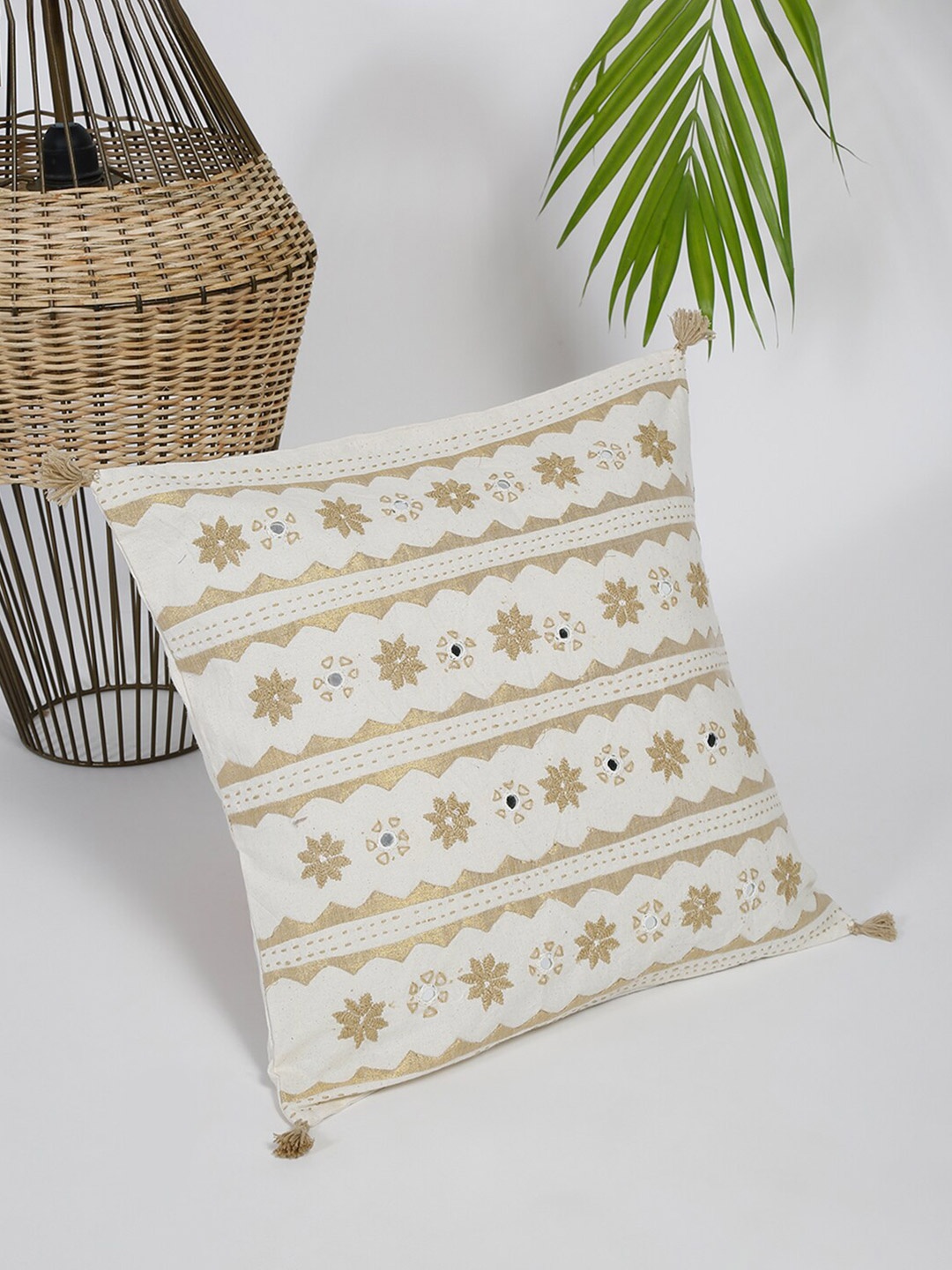 

Fabindia Off White & Gold-Toned Floral Embroidered Square Cushion Covers
