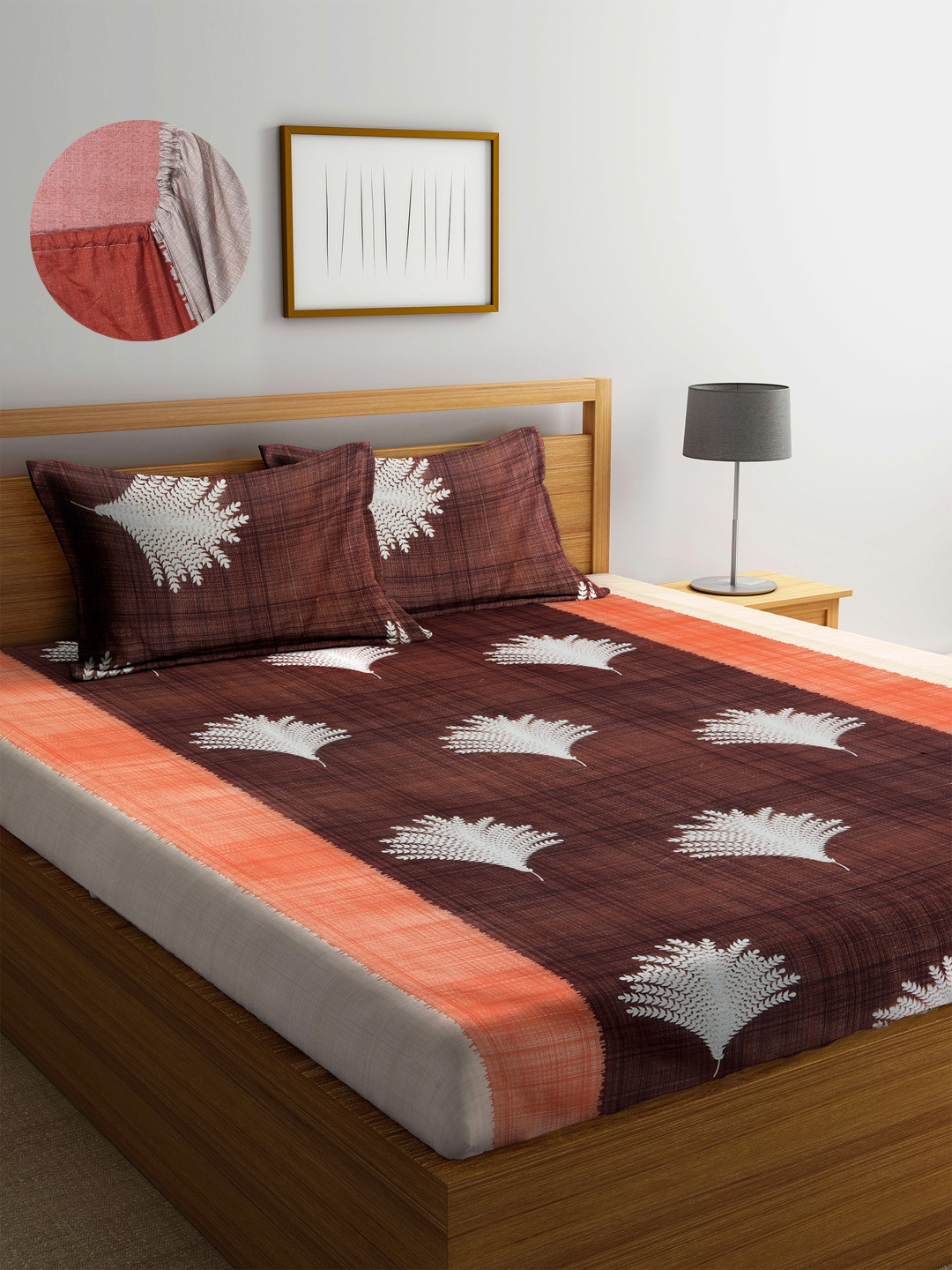 

Arrabi Brown & White Floral 300 TC King Bedsheet with 2 Pillow Covers