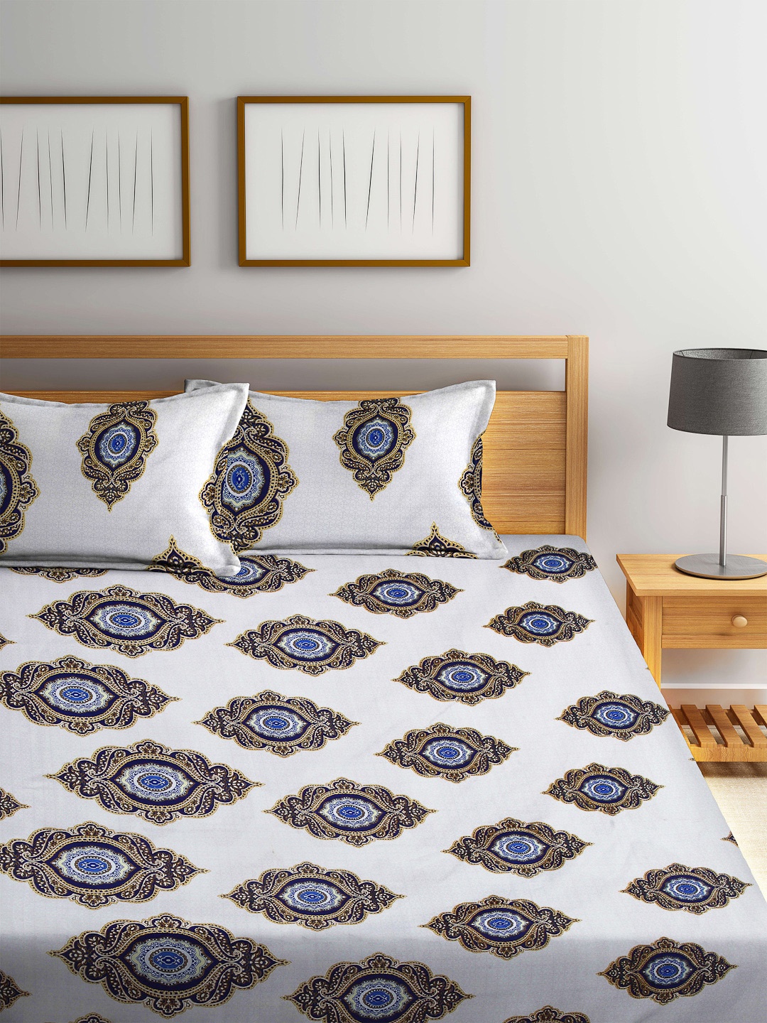 

Arrabi White & Blue Ethnic Motifs 300 TC King Bedsheet with 2 Pillow Covers