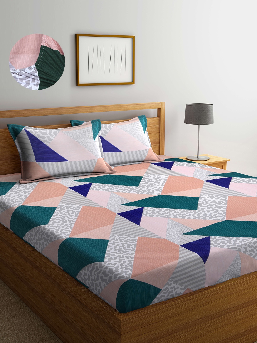 

Arrabi Pink & Grey Geometric 300 TC King Bedsheet with 2 Pillow Covers