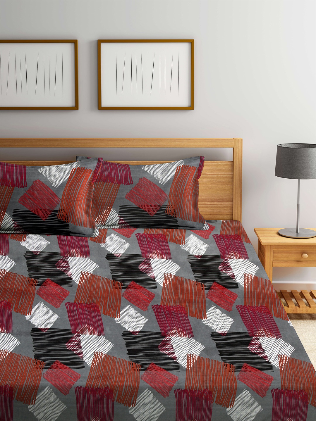 

Arrabi Grey & Red 300 TC King Bedsheet with 2 Pillow Covers