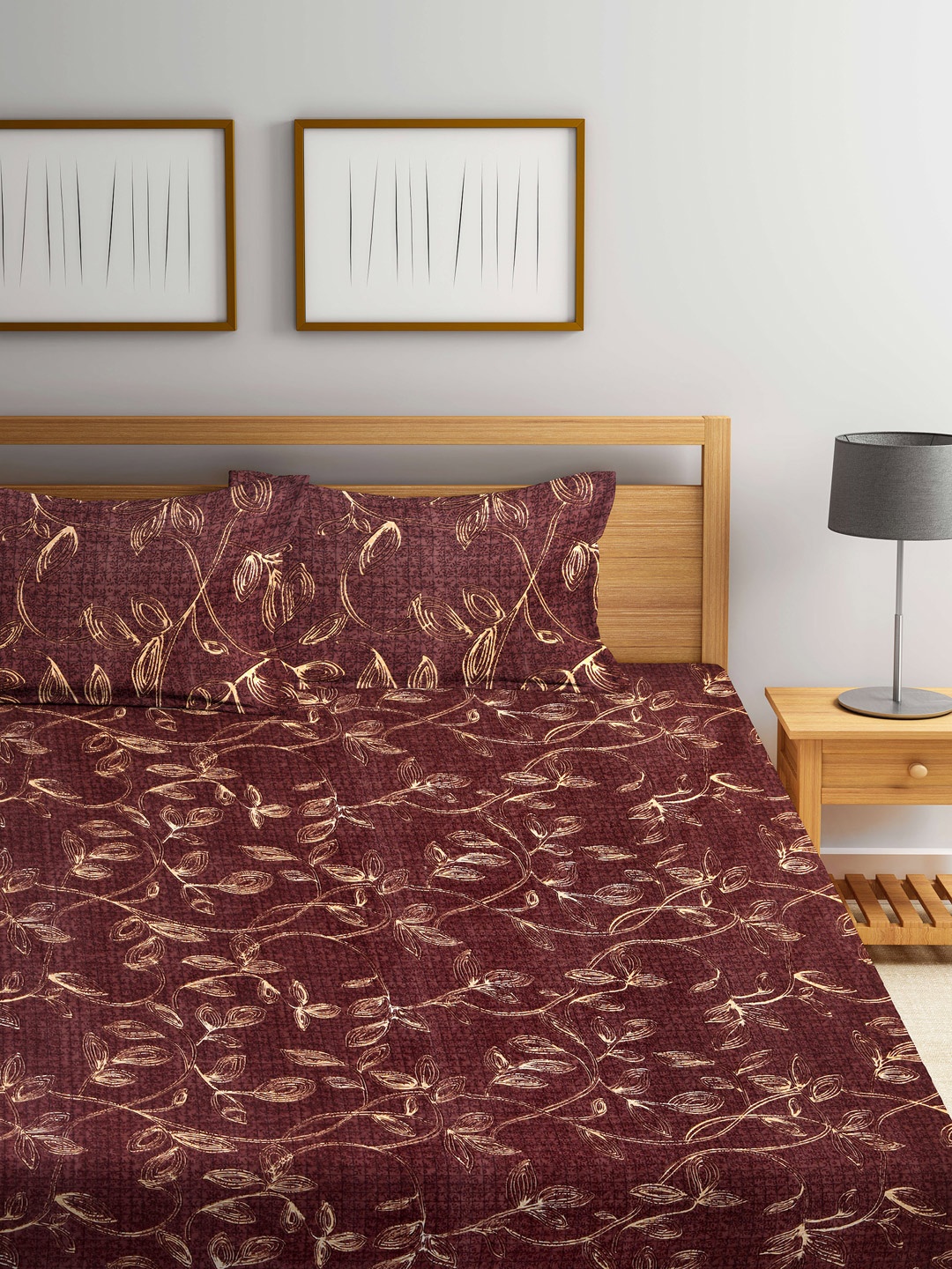 

Arrabi Brown Floral 300 TC King Bedsheet with 2 Pillow Covers