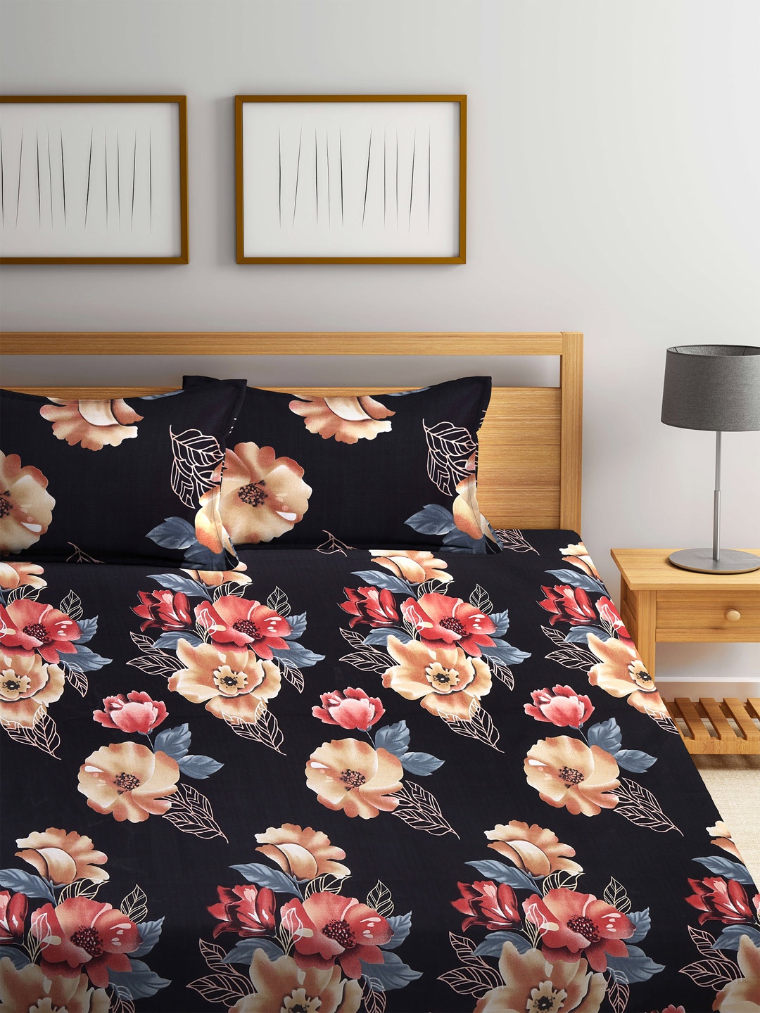 

Arrabi Black Floral 300 TC King Bedsheet with 2 Pillow Covers