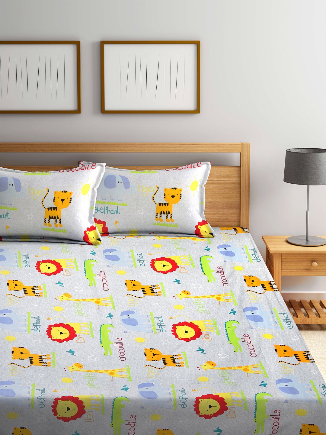 

Arrabi Grey & Yellow Cartoon Characters 300 TC King Bedsheet with 2 Pillow Covers