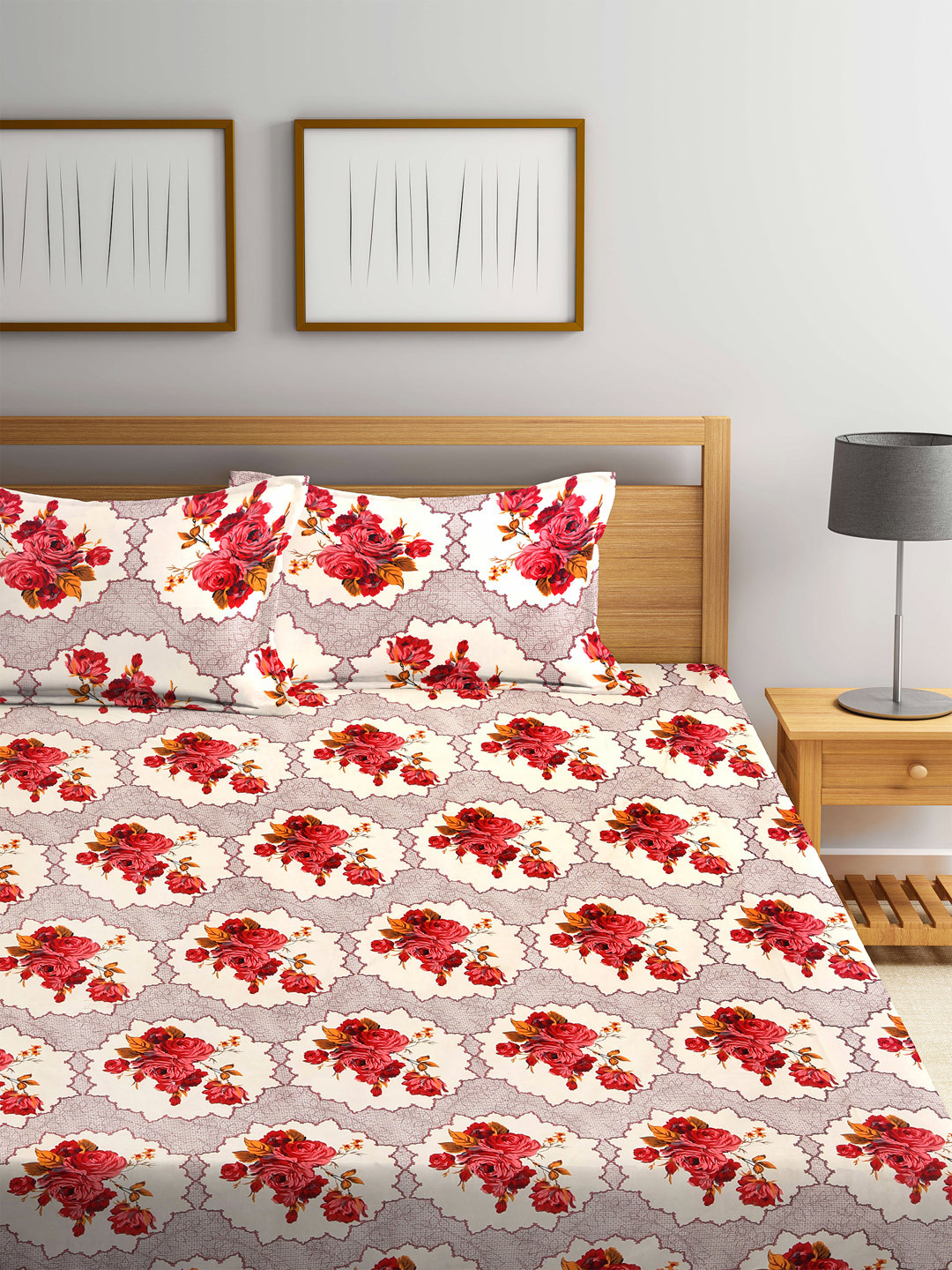

Arrabi White & Pink Floral 300 TC King Bedsheet with 2 Pillow Covers