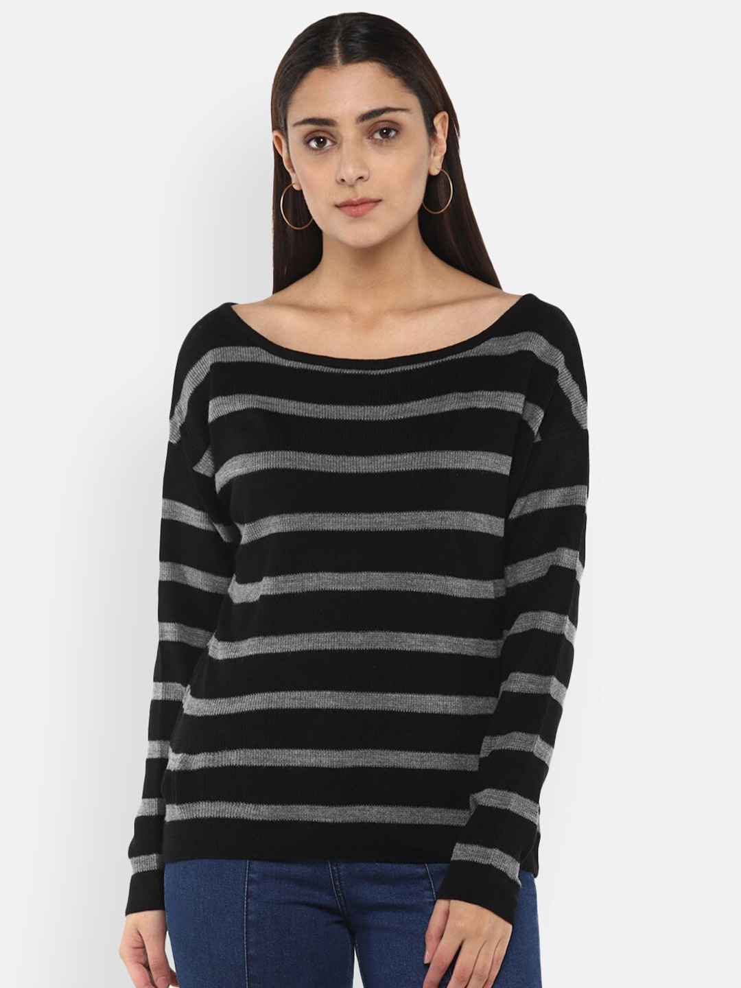 

LAMOURE BY RED CHIEF Women Black & Grey Striped Cotton Pullover Sweater