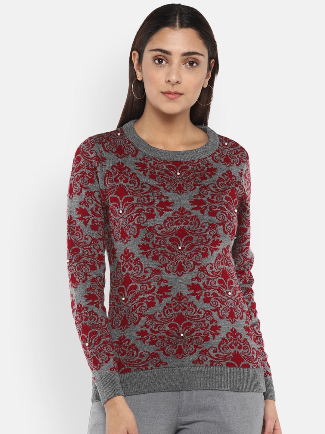 

LAMOURE BY RED CHIEF Women Grey Self Designed Pullover Sweater