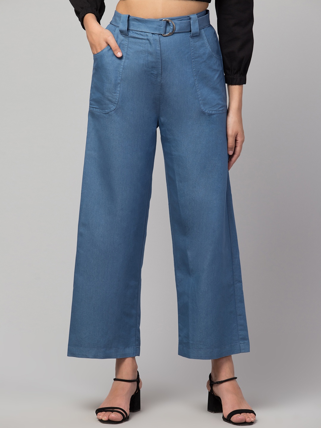 

Orchid Blues Women Blue Flared High-Rise Belted Jeans