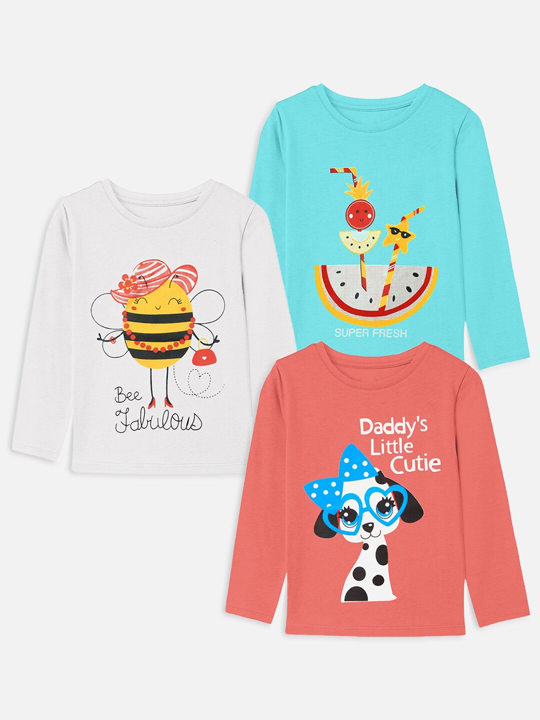 

YK Basics Girls Pack Of 3 Fun Graphic Printed Full Sleeve T-shirt, Peach