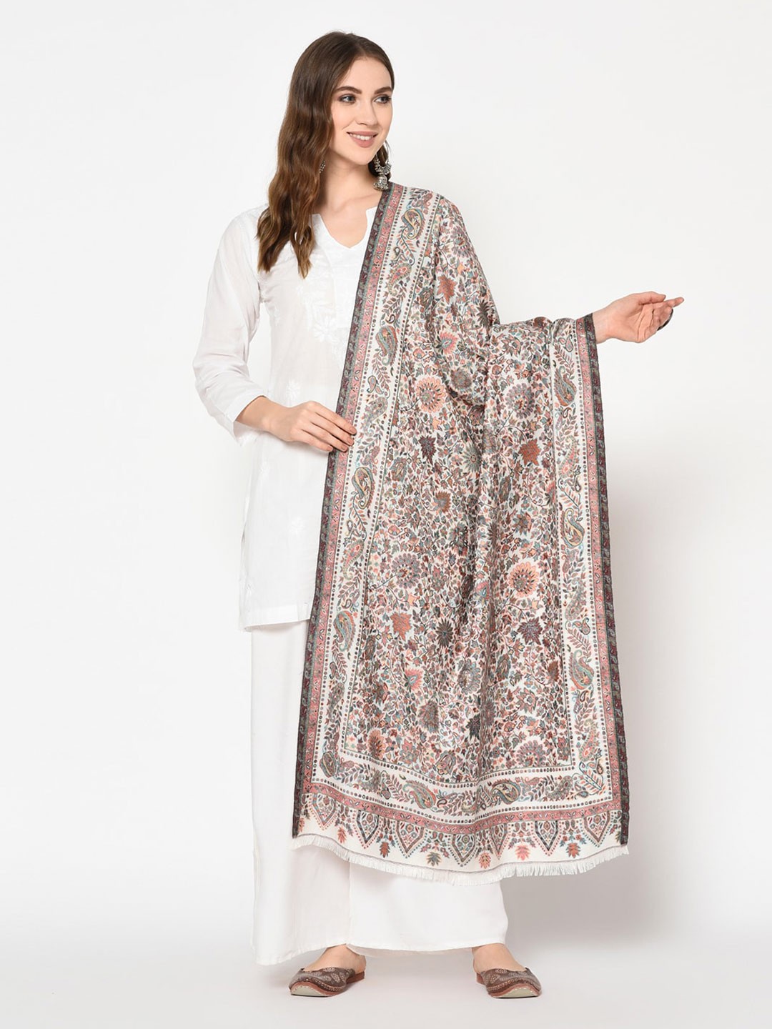 

Safaa Women White & Grey Woven Design Stole