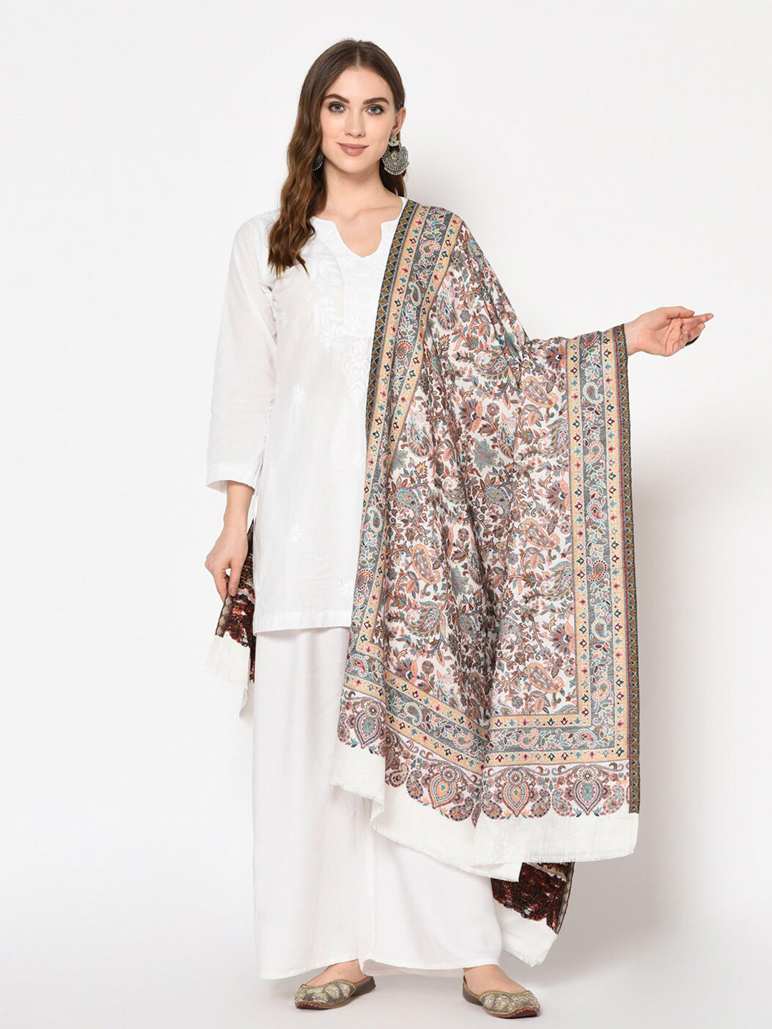 

Safaa Women White & Beige Woven Design Stole