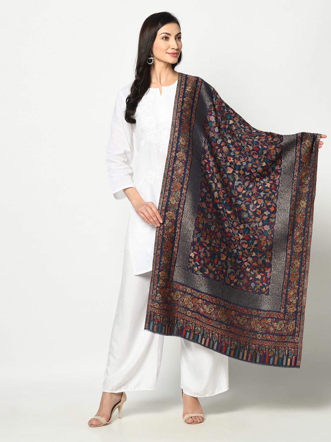 

Safaa Women Navy Blue & Red Woven Design Stole