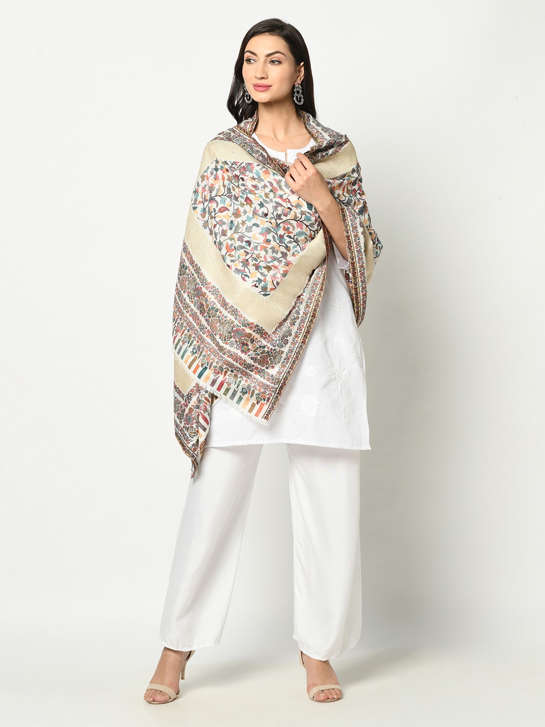 

Safaa Women White & Beige Woven Design Stole